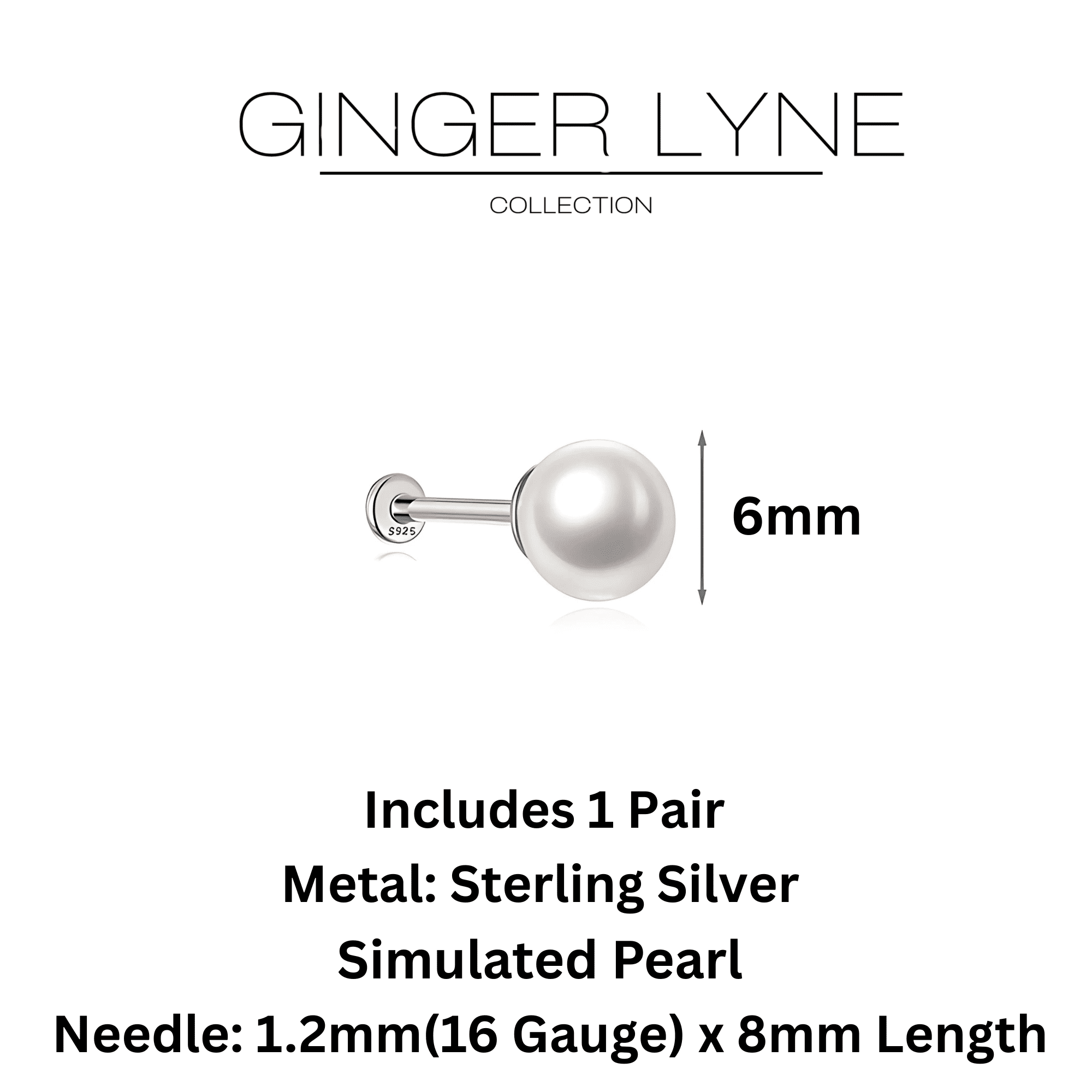 Pearl Flat Back Earrings for Women Sterling Silver Cartilage Helix Upper Lobe Body Piercing Stud Ginger Lyne