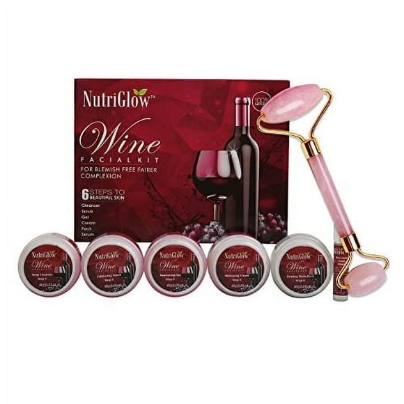 Nutriglow Wine Facial Kit 6-Pieces Skin Care Set for Anti-Aging, Pore Tightening, 250Gm+10Ml with Jade Roller