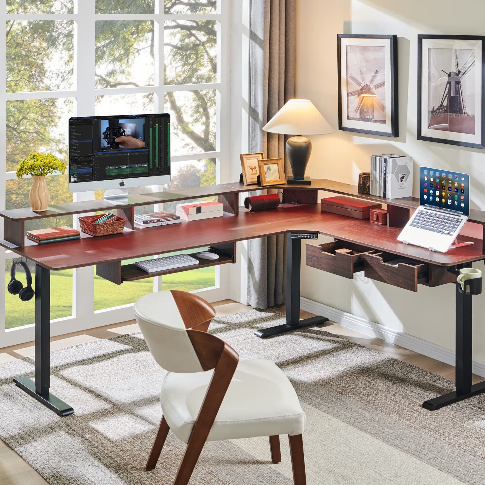 KeyWhat 70" L Shaped Standing Desk, Electric Height Adjustable Computer Desk with Shelves & Keyboard Tray & LED Strip & Power Outlets, Dark Walnut