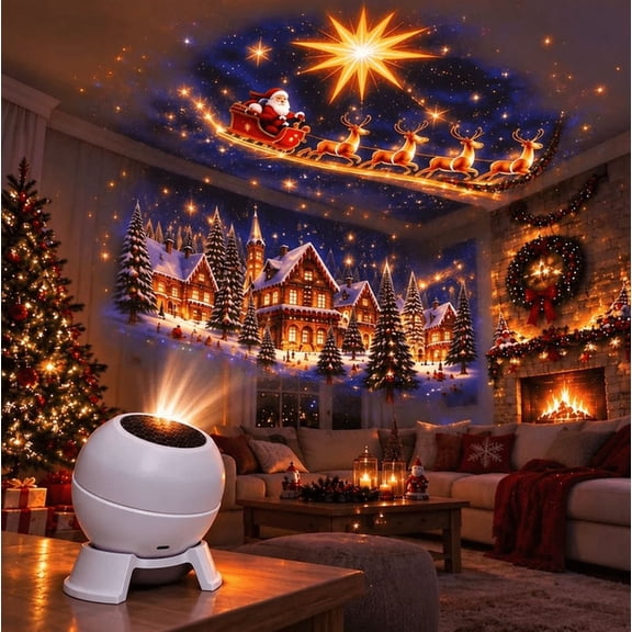Christmas Projection Night Light, Santa Sleigh Christmas Projector Light, USB Powered Holiday Projection Lamp for Bedroom Ceiling, Xmas Decor for Home Party, Christmas Gift for Kids Family