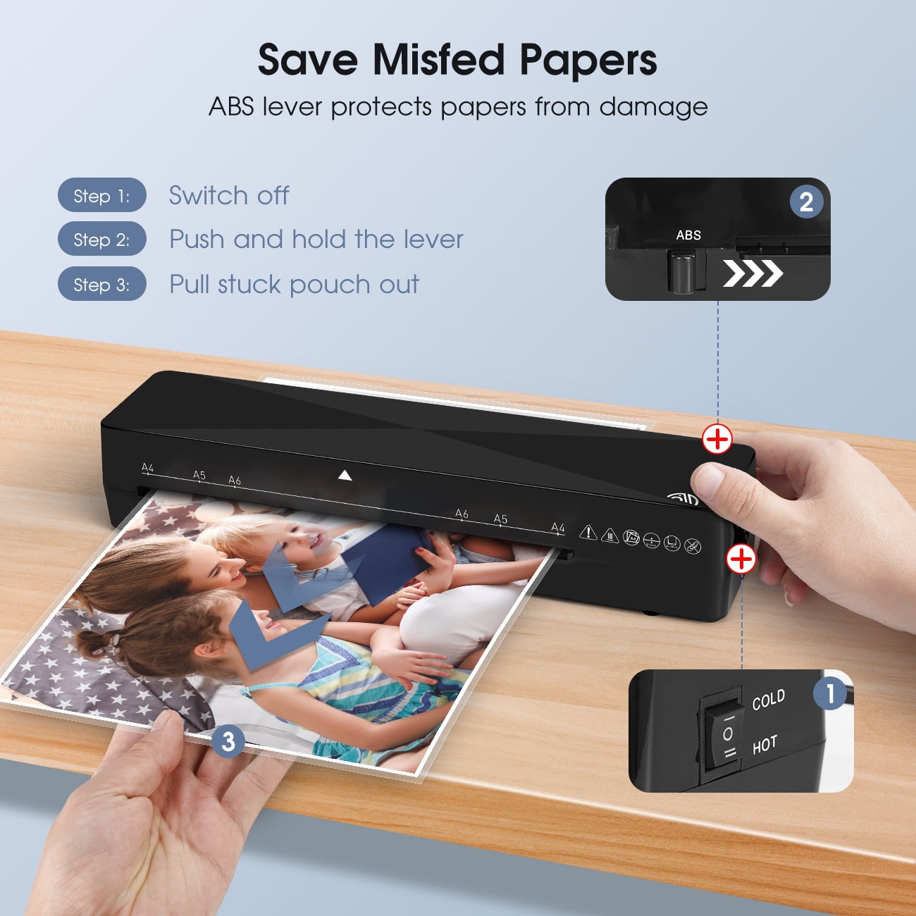 Crenova A4 Laminator Machine, Hot & Cold Mode, 9 inch Thermal Laminator with Laminating Sheets 10 Pcs, Never Jam, Black