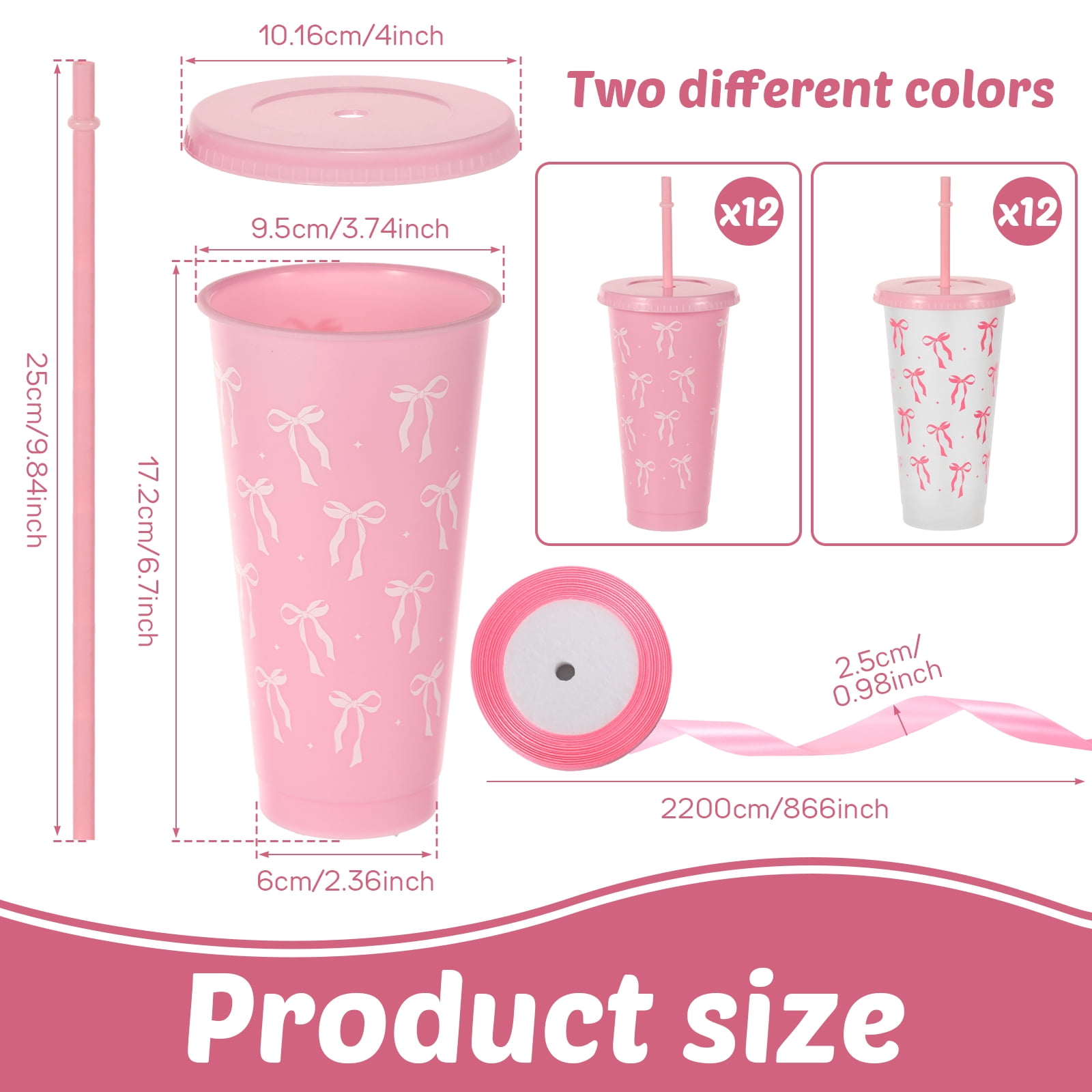 24 Pcs 24oz Bow Plastic Cup with Lid Straw and Ribbon Reusable Tumbler for Birthday Wedding Baby Shower Bridal Party Pink