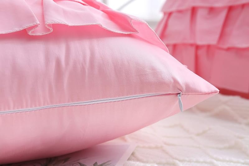 Bright Pink Throw Pillow Covers with Waterfall Ruffles 5 Lays Square Cushion Cases Egypt Cotton 18"X18" 2-Pack