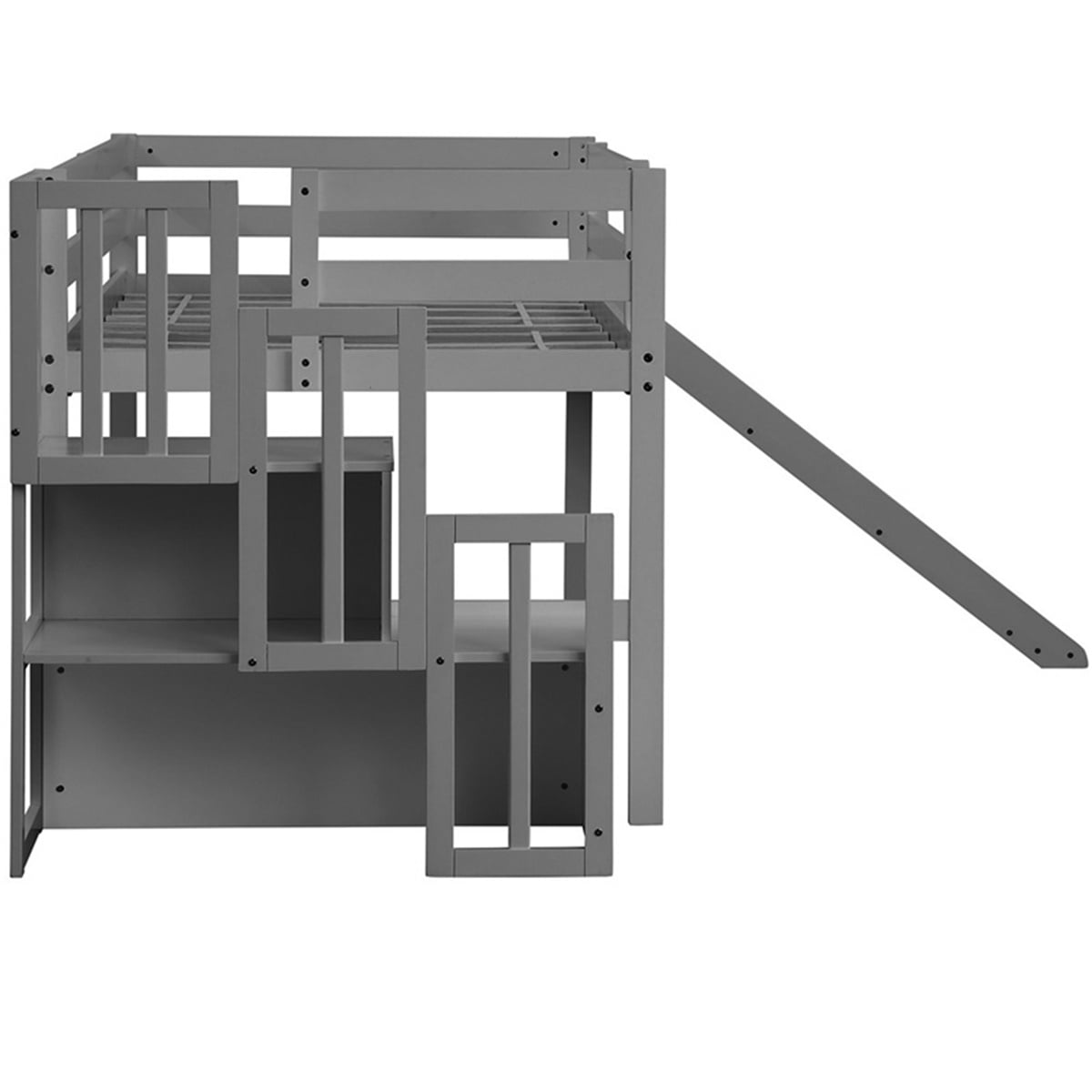 Bunk Bed with Staircase and Slide, Kids Wood Twin Loft Bed, Grey