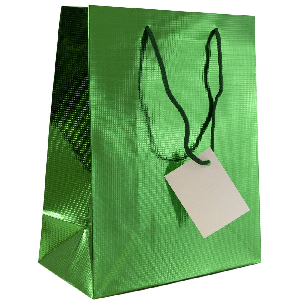 JAM Paper Foil Gift Bag, 8 x 10 x 4, Green Checkered, 1/Pack, Medium