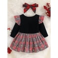 thumbnail image 3 of Gureui 2Pcs Baby Girls Christmas Outfits Reindeer Print Plaid Stitching Long-Sleeve Dress Hairband, 3 of 6