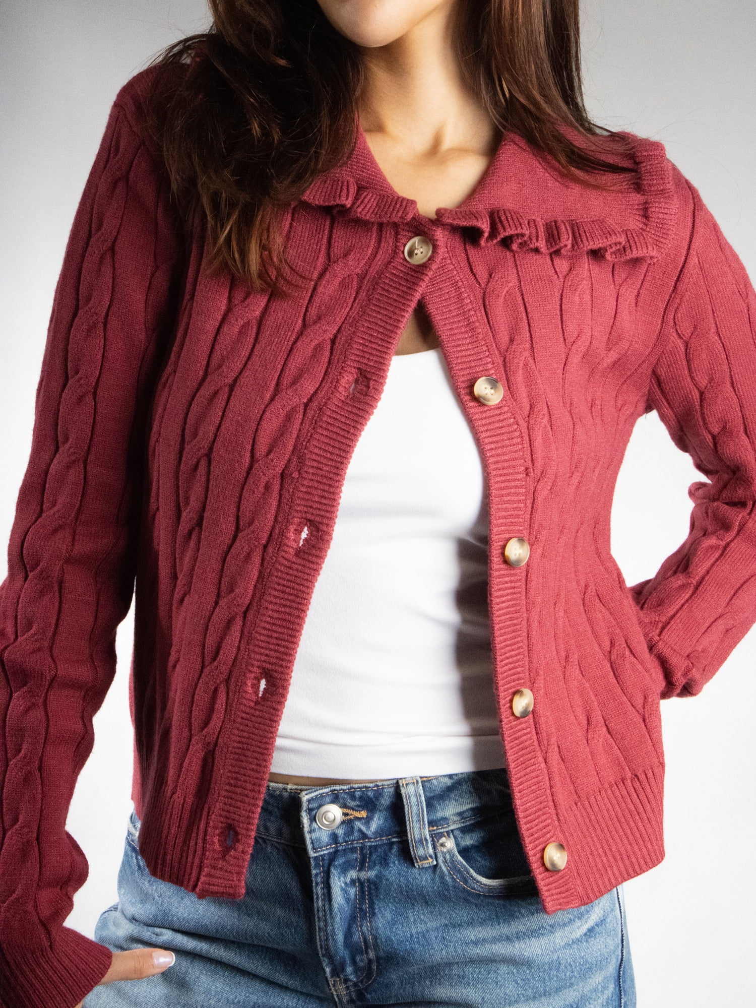 DARING DIVA Women's Elegant Ruffle Collar Cardigan XS Red
