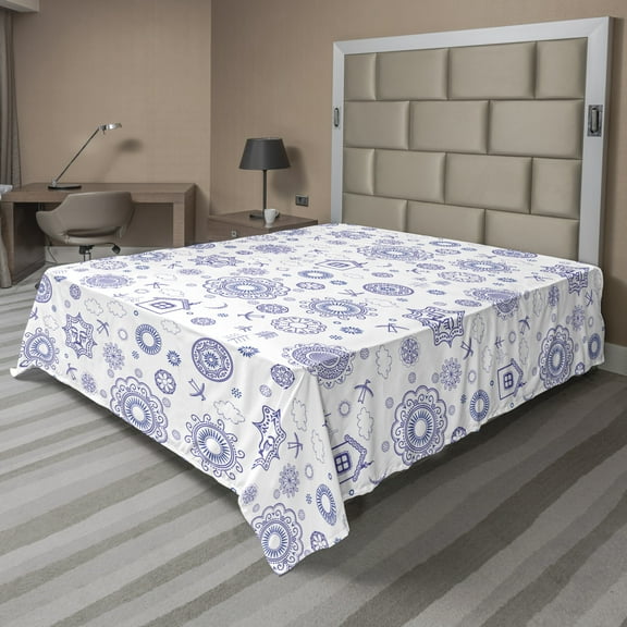 Ambesonne Abstract Flat Sheet, Floral Medallion Clouds, Queen Size, Dark Violet and White