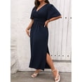 thumbnail image 5 of Plus Size Womens Navy Blue Solid V-Neck Wrap Short Sleeve Maxi Dress, 5 of 6