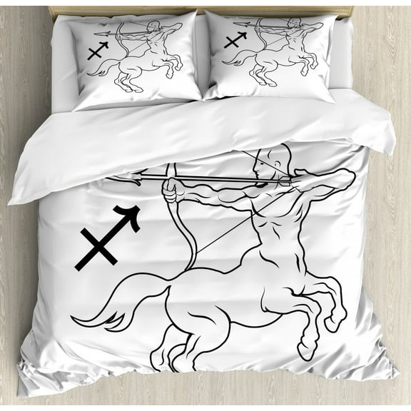 Zodiac Sagittarius Queen Size Duvet Cover Set, Monochrome Centaur Doodle with Bow and Arrow Astrology Themed Image, Decorative 3 Piece Bedding Set with 2 Pillow Shams, Black and White, by Ambesonne