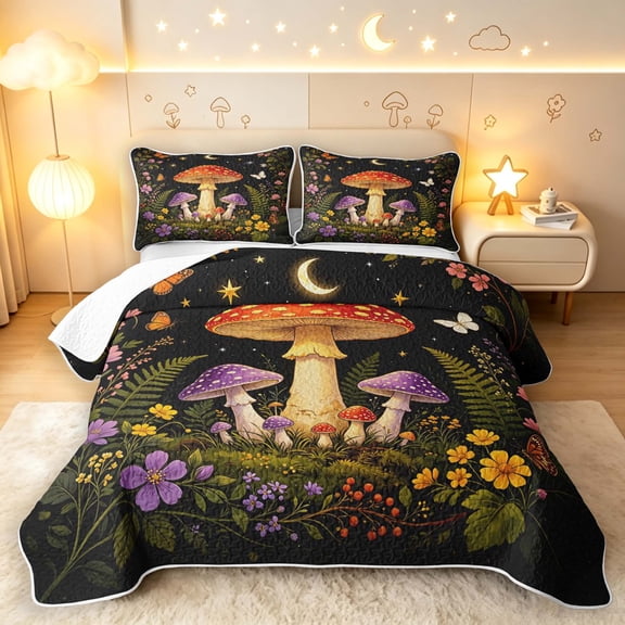 Homewish Cute Plant Mushrooms Twin Quilt Set,Dreamy Floral Butterfly Stars Twin Coverlet Set,Black Reversible,2pcs