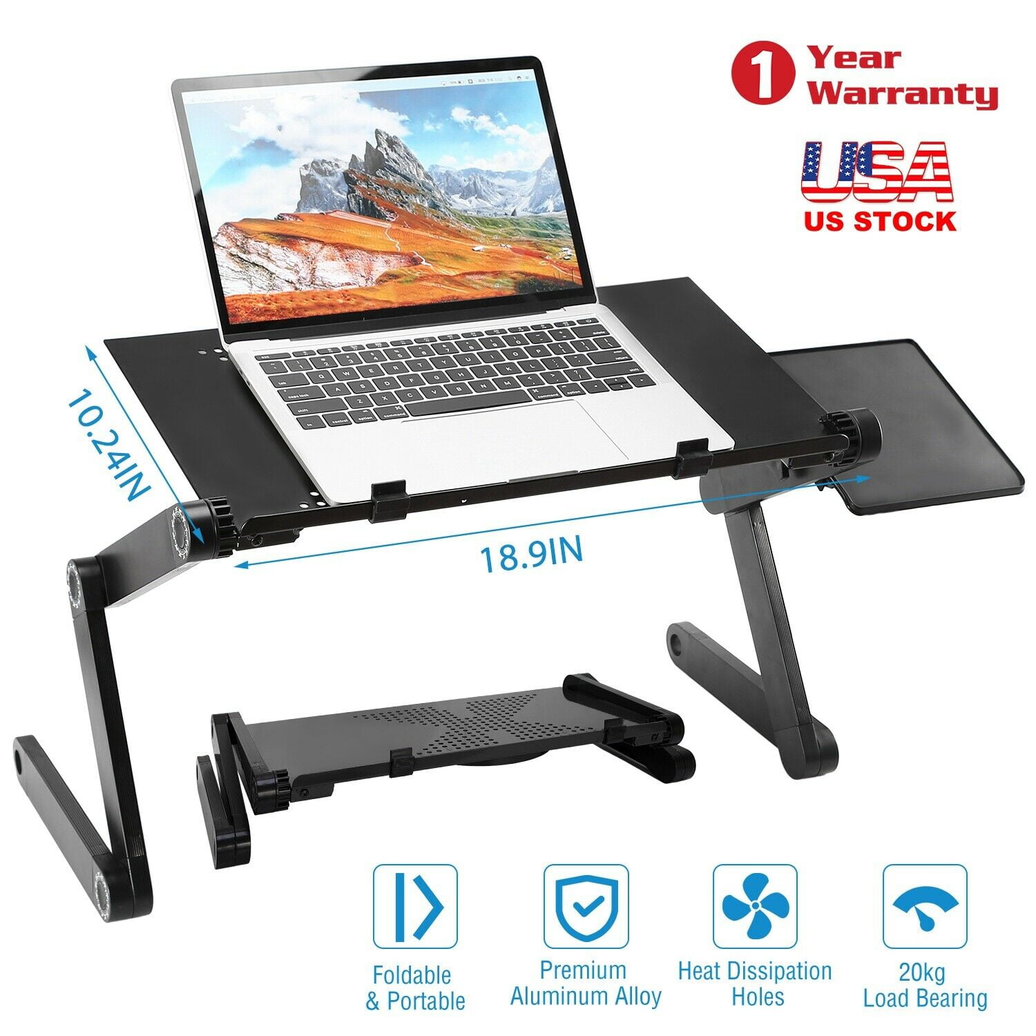 Black 18.9 x 10.24” Laptop Stand Height Adjustable Laptop Stands for Bed and Sofa 2 Anti-Skid Buckles Portable Laptop Tray with Mouse Panel 