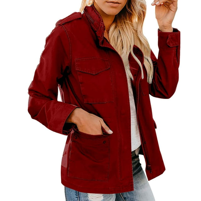 Duoif Veste pour Femmes Veste Utilitaire Col Montant Parka Légère avec Multiples Poches Vestes d'Automne pour Femmes Vin TP