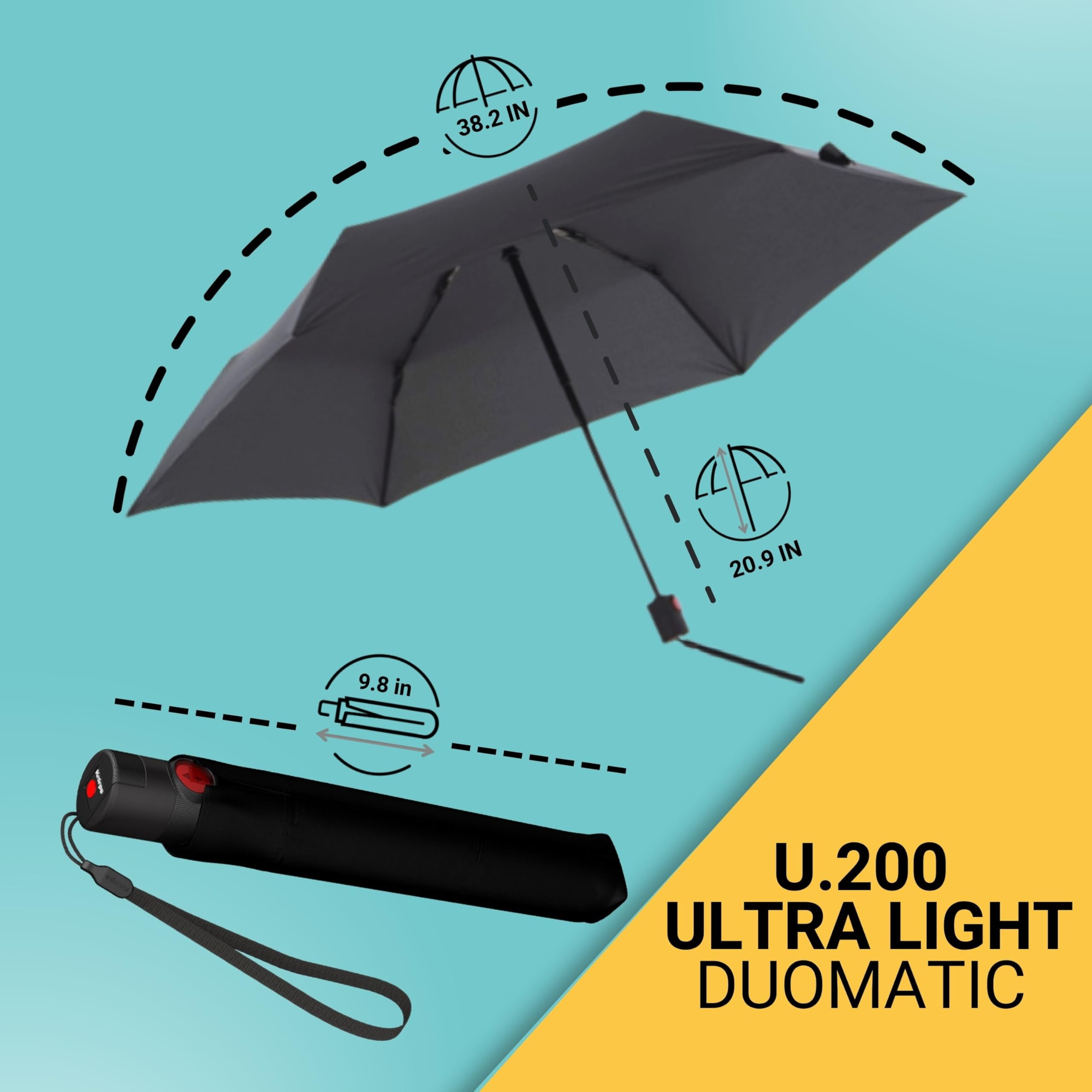 Knirps U.200 Ultra Light Automatic Rain Umbrella in Black – One-Touch Auto Open/Close, Wind-Tunnel Tested, 37in Canopy, Aluminum Fiberglass Frame, Pocket-Size Travel Umbrellas, Cover Included