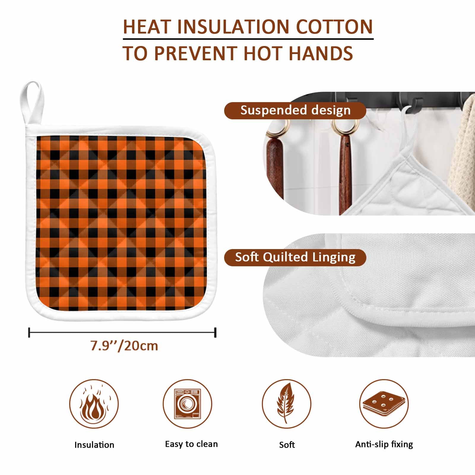 Farm Buffalo Plaid Pot Holders for Kitchen Heatproof Potholder, 2 Pack Orange Black Checkered Hot Pads Multipurpose Oven Pads Cloth Potholders Trivet for Cooking and Baking