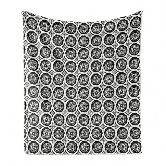 Floral Soft Flannel Fleece Blanket, Repetitive Flowers Motif in Monochrome Style Abstract Flowery Pattern, Cozy Plush for Indoor and Outdoor Use, 70" x 90", Charcoal Grey and White, by Ambesonne