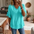 thumbnail image 2 of Nestiefly Gauze Shirts for Women Raw Hem Summer Linen V Neck Short Sleeve Shirts Lightweight Tunic Tops Vacation Beach T Shirt Cyan XL, 2 of 7