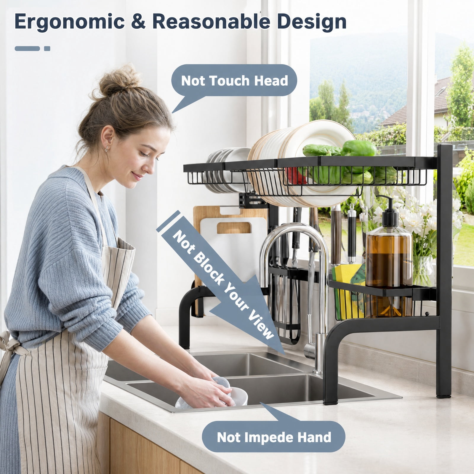 RUIE 2-Tier Over Sink Dish Drying Rack, Adjustable Dish Rack with 4 Baskets, Utensil Holder, Cutting Board Holder and 8 Hooks - Black