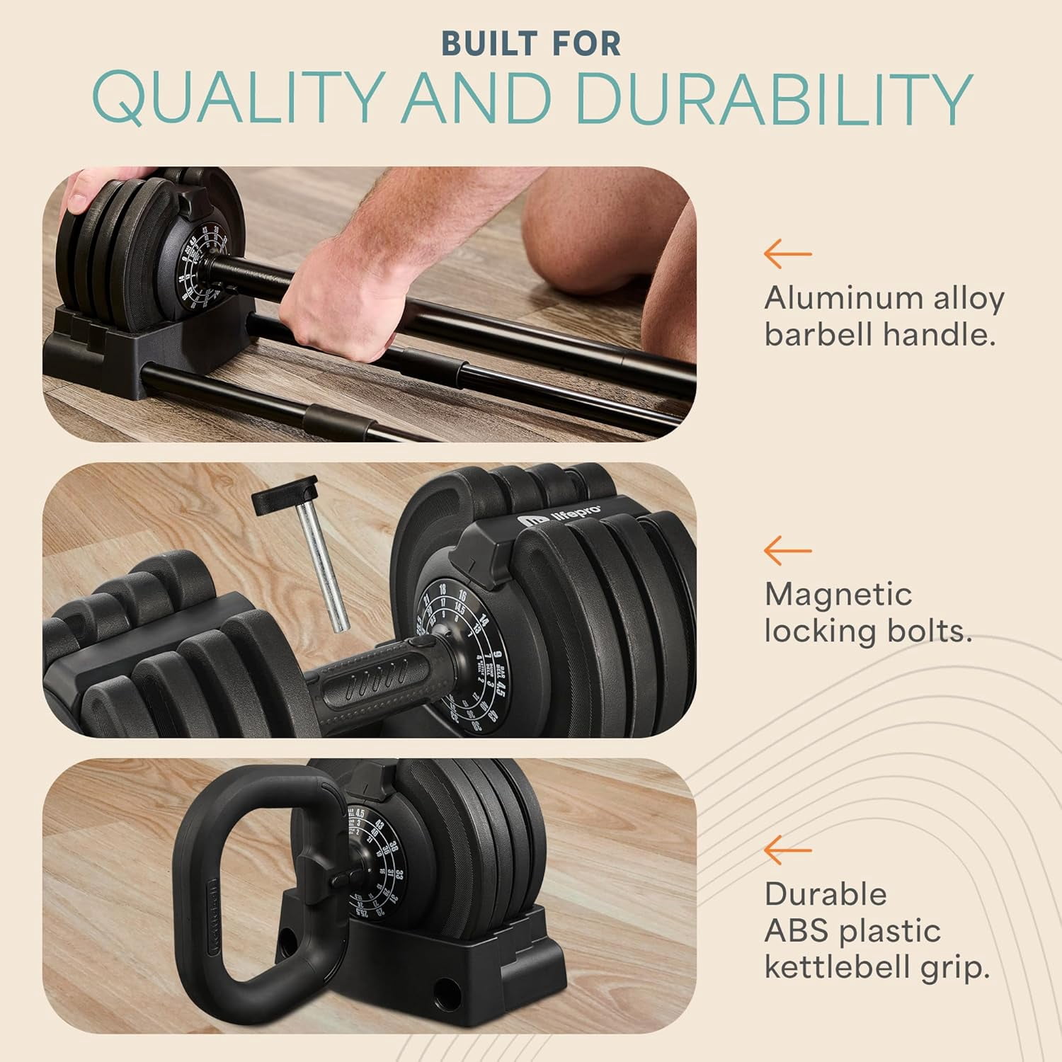 LifePro Adjustable Dumbbells Set with Quick Dial Weight System 2–43 lb Adjustable Dumbbells, Kettlebell & Barbell Combo for Home Gym Strength Training