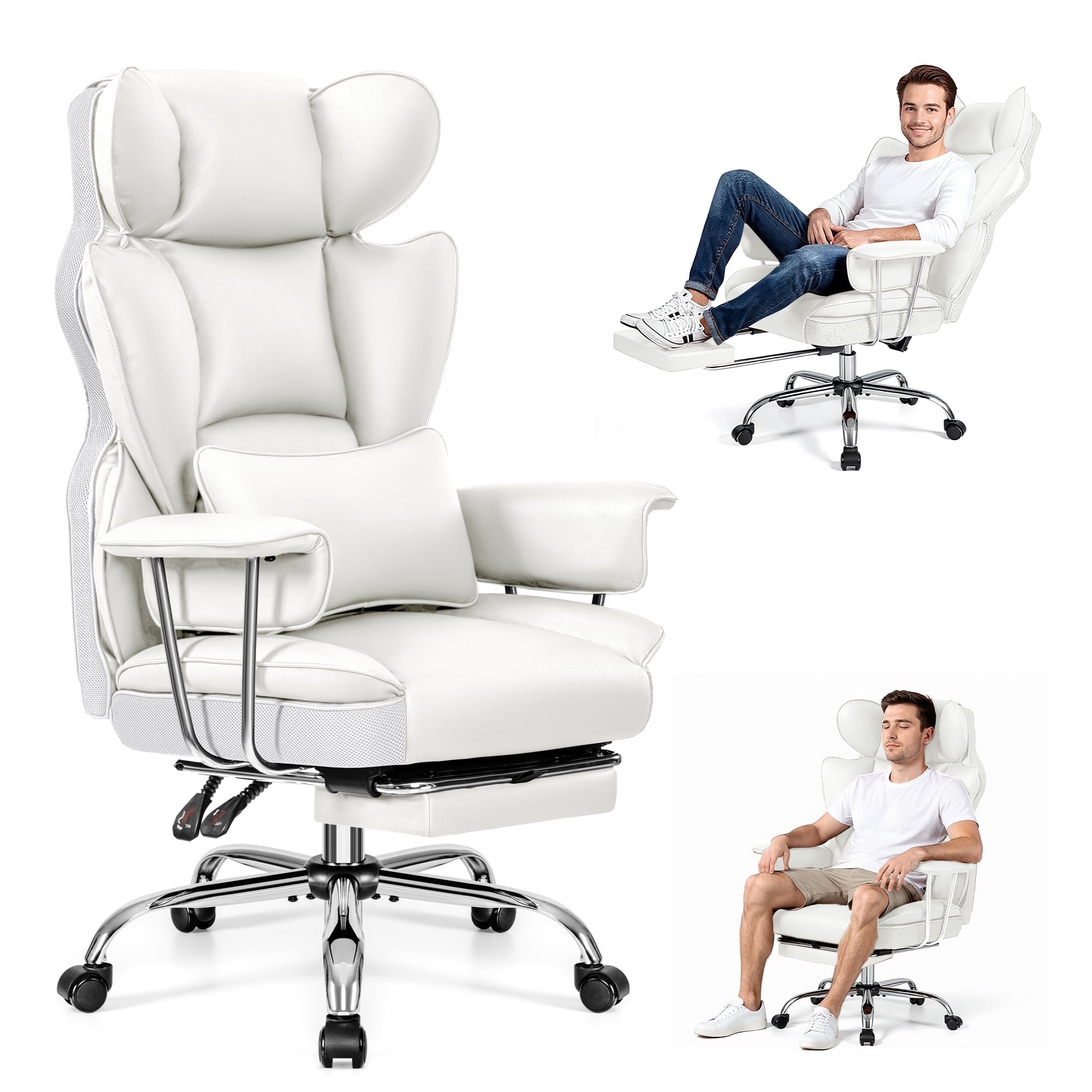 Primy High Back Office Chair, Big and Tall PU Leather Executive Chair with Footrest – Ergonomic Reclining Computer Desk Chair, High-Density Foam, Heavy Duty Swivel Rolling Chair, White