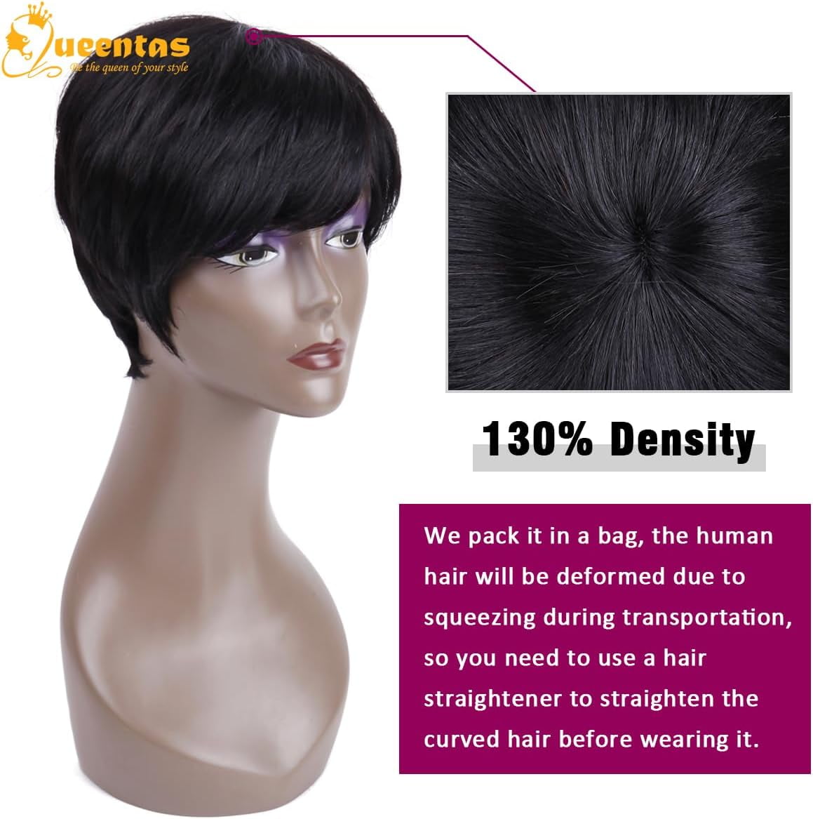 QUEENTAS 9" Human Hair Wig Short Wigs for Women Glueless Wigs Human Hair Black Wigs Pixie Cut Wigs with Bangs