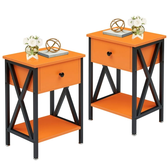 VECELO Set of 2 Nightstand with 1-Drawer and Shelf, Modern X-Design Side End Table for Living Room Bedroom, Orange