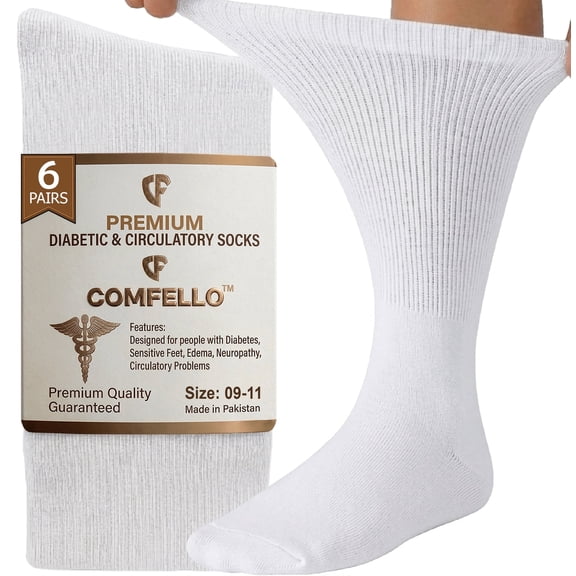 Comfello Diabetic Socks Crew for Men & Women – 6 Pairs of Non-Binding Moisture-Wicking Neuropathy Socks