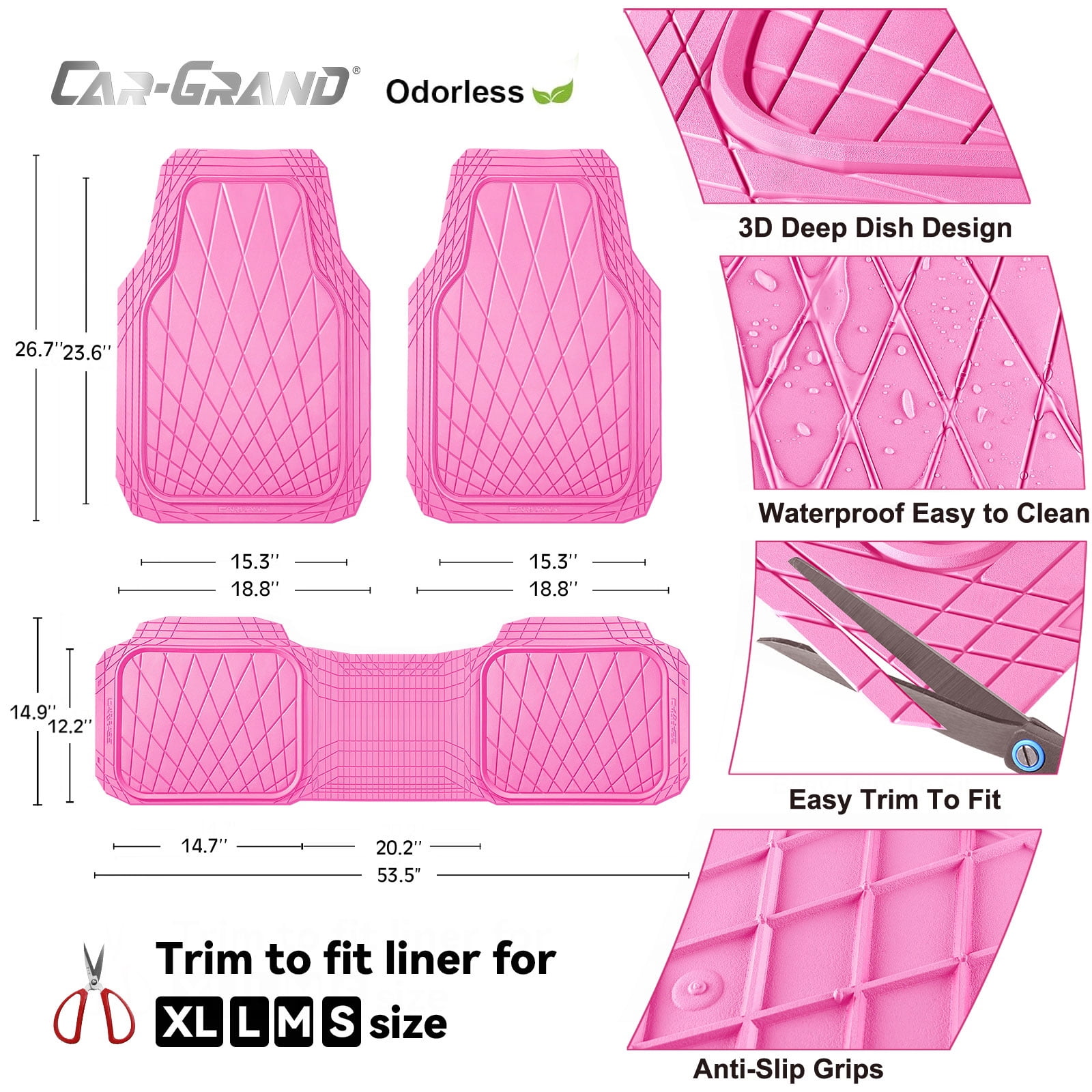 CAR GRAND Premium Heavy Duty Rubber Car Floor Mats Deep Dish All Weather Water Proof Easy Clean Universal Trim Fit Sedan SUV Van Truck All Pink