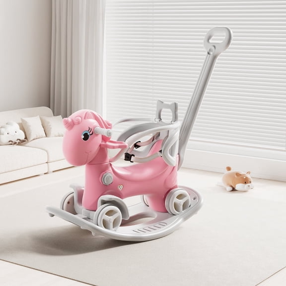 4-in-1 Convertible Rocking Horse Balance Bike Ride On Toy with Push Handle, Backrest, Balance Board, 4 Wheels, Sound Button for Toddlers 1-3 -Pink