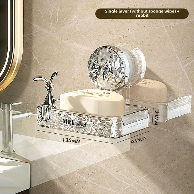 Wall-Mounted Soap Dish with Suction Cup - No Drilling Required, Single-Layer Design with Rabbit Shape and Silver Bowknot, Premium Plastic Bathroom Organizer for Efficient Water Drainage, Ideal for