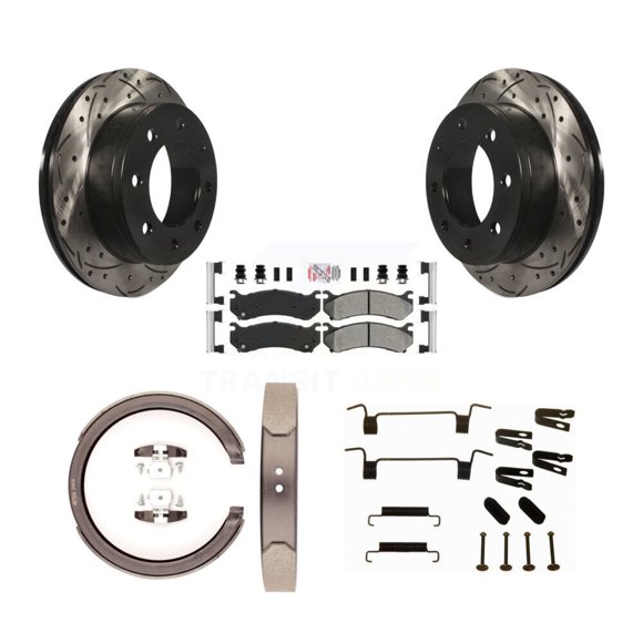 Transit Auto Rear Disc Drilled & Slotted Rotors Semi-Metallic Pads Parking Brake Shoes and Hardware Kit for Car GMC Sierra 1500 HD Chevrolet Silverado 2500 Yukon XL with Four Wheel Steering KDA-103860