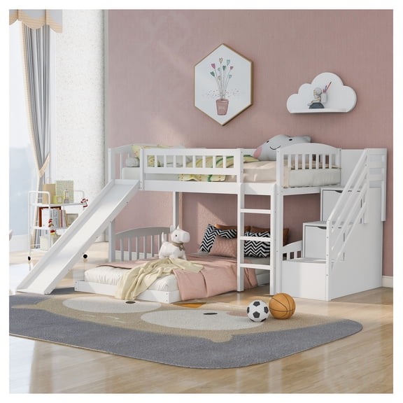 Stairway Twin Over Twin Bunk Bed with Slide & 2 Drawers, White