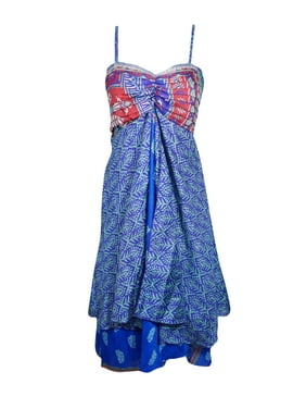 Mogul Women Blue Recycled Sari Printed Sundress Floral Layered Spaghetti Strap Beach Dress, SM