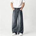 thumbnail image 3 of YLSDY Men's Vintage Wash Wide Leg Jeans, Button Waist, Relaxed Fit Denim Pants with Pockets for Daily & Streetwear Blue XXL, 3 of 5