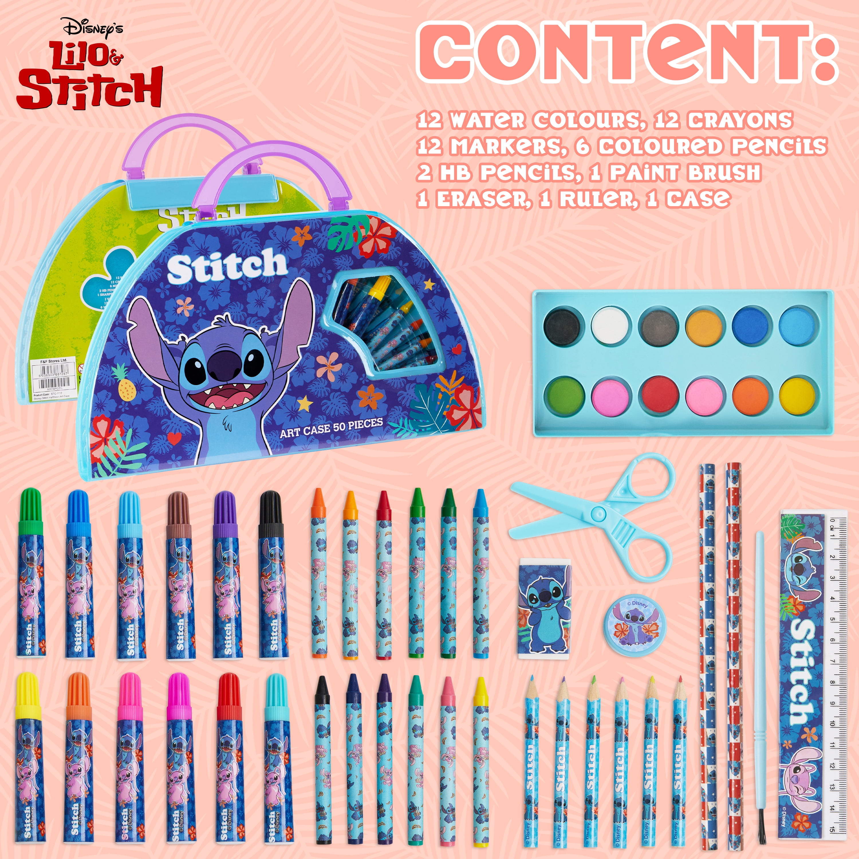 Disney Stitch Kids Art Set 40 Plus Pieces Colouring Pencils Markers Crayons