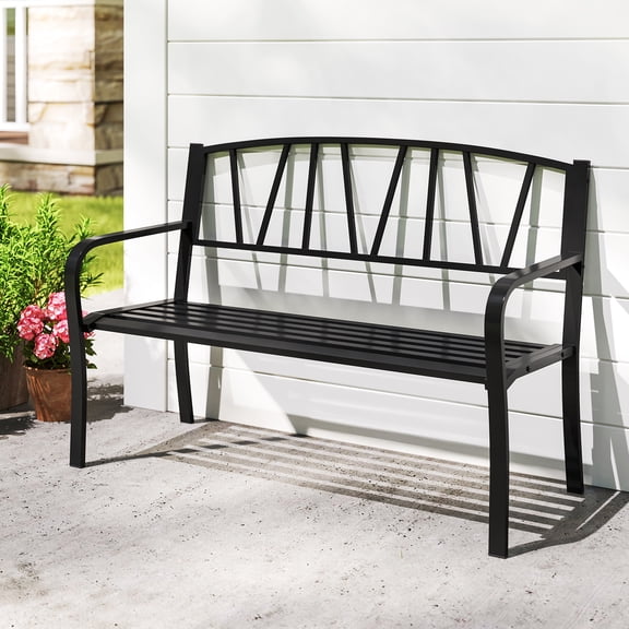 Gymax 50.5'' Patio Metal Bench w/ Curved Armrests & Minimalist Backrest for Backyard
