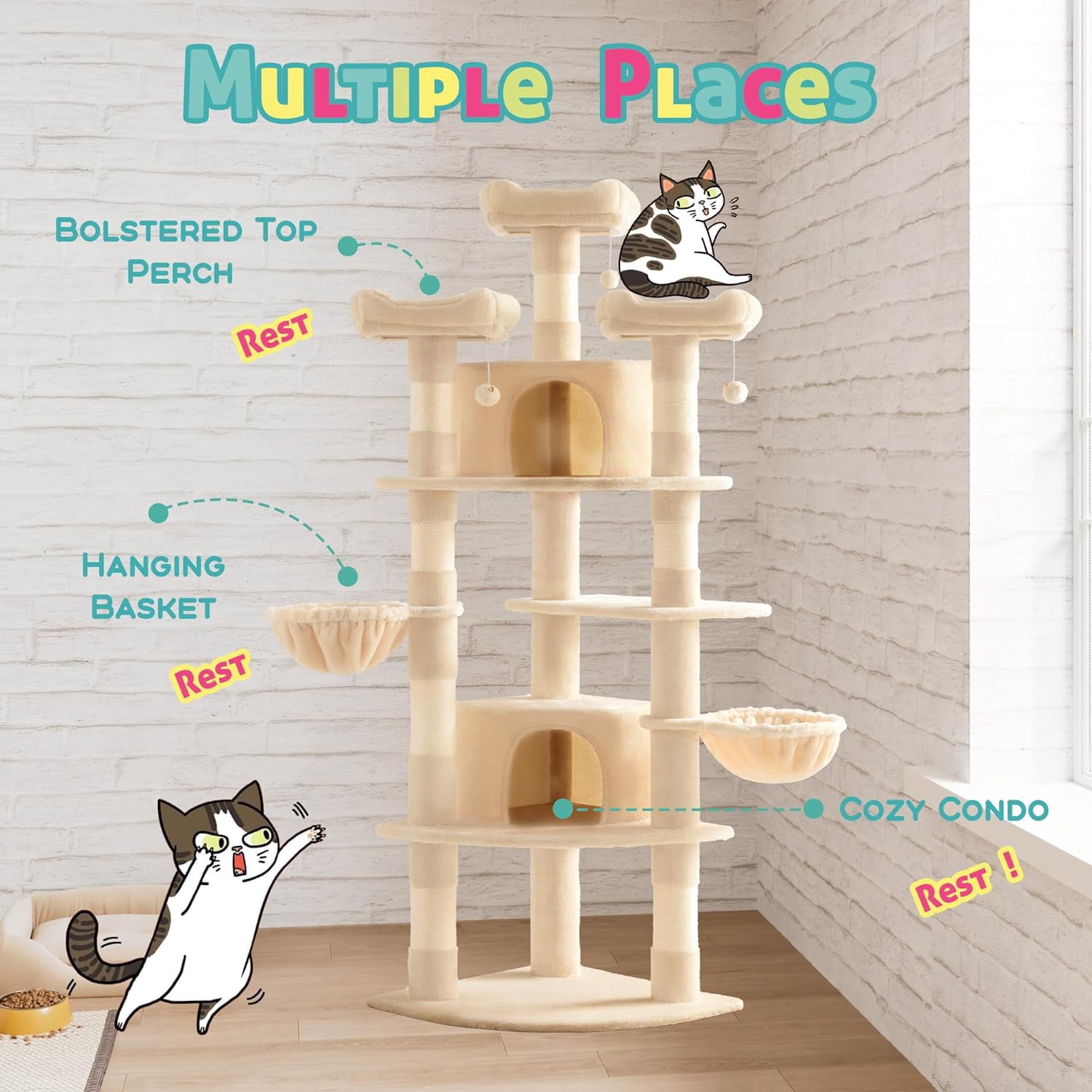 73in Fan-shaped Space-saving Corner Cat Tower/multi-level Tall Tree For Indoor Kitties/cozy Baskets/condos/house/perches/sisal Posts/pet Activity Center/beige