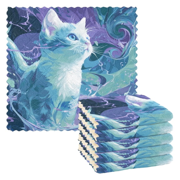 6 Pieces of Kitchen Towels 11x11Inch Kitchen Dish Cloths Kitchen Dish Towels Reuseable Cleaning Cloths Blue Cat