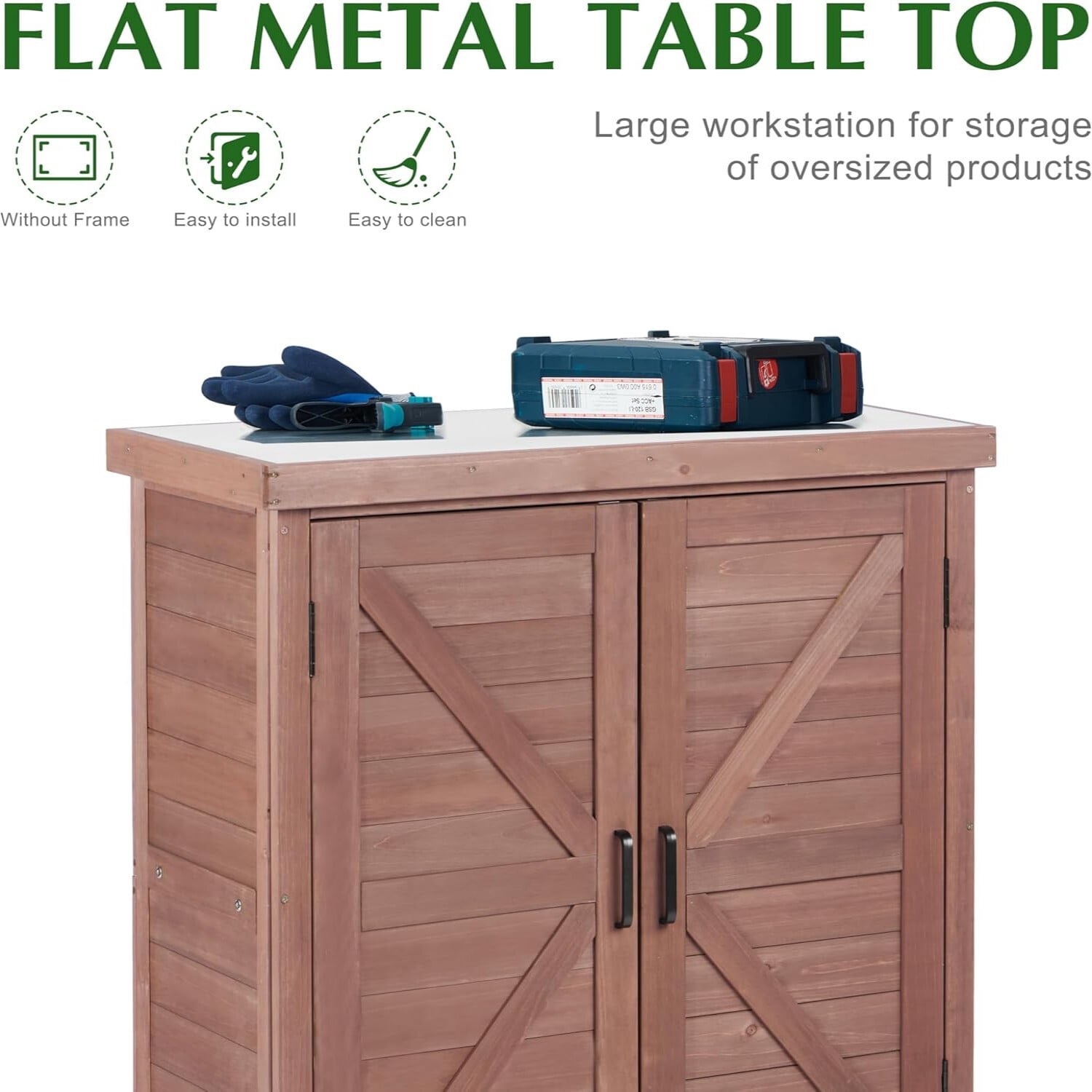 Easy4Home Wooden Outdoor Storage Cabinet with Metal Top Potting Bench Table Garden Workstation, Dark Brown