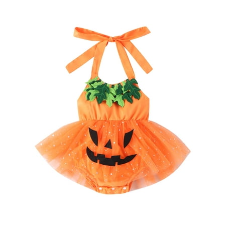 

Tasdouyy Infant Baby Girls Halloween Romper Dress Pumpkin Halter Jumpsuit