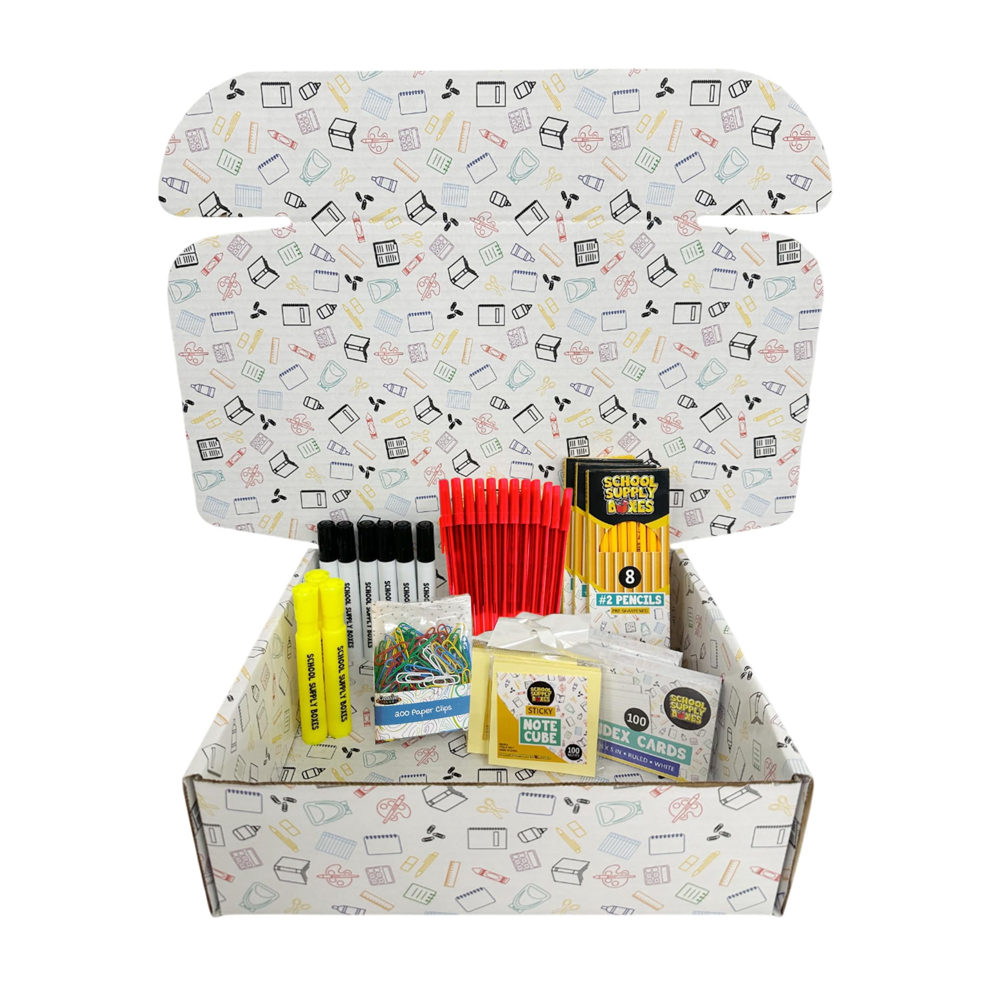 School Supply Boxes | Teacher Pallet (180 Boxes) | Back to School Essentials Kit Designed for Teachers | Includes Pencils, Red Pens, Dry Erase Markers, Sticky Notes, Paper Clips & More