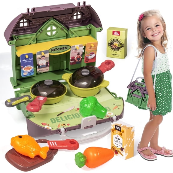 Portable Kids Play Kitchen Set, Cooking Kitchen Toys Playset for Toddler Ages 1-3, Pretend Play Kitchen Accessories with Play Food, Utensils and Pots, Playhouse Play Toy Gift for Girls 2 4 5