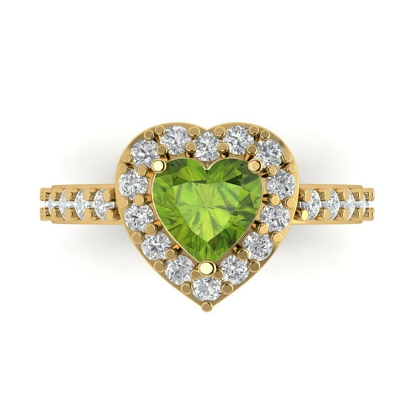 2.03 ct Heart Cut Natural Peridot with Simulated Diamond Halo Accents 14K Yellow Gold Womens Engagement Ring