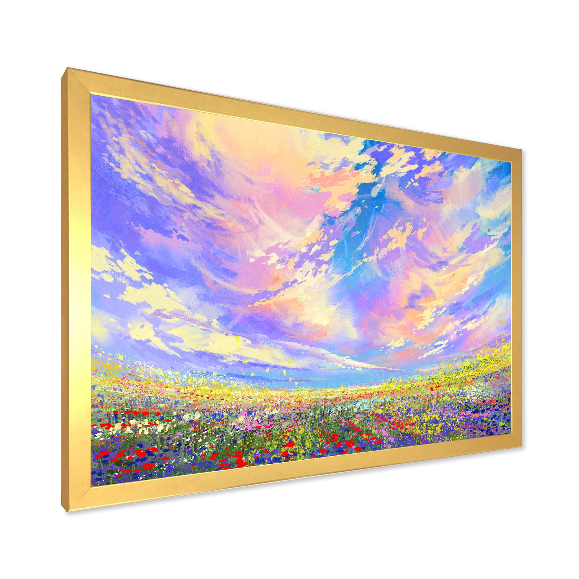 Designart 'Gorgeous Clouds Over Colorful Flowers In Field' Traditional Framed Art Print