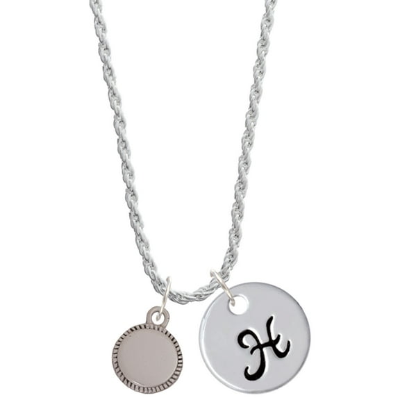 Delight Jewelry Stainless Steel 12mm Blank Disc with Flange - Silvertone Script Initial Disc - H - Charm Necklace, 20"+3"