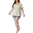 thumbnail image 2 of Plus Size Summer Tops for Women Square Neck Smocked Bow Tie Short Sleeve Peplum Blouse 2X Beige, 2 of 6