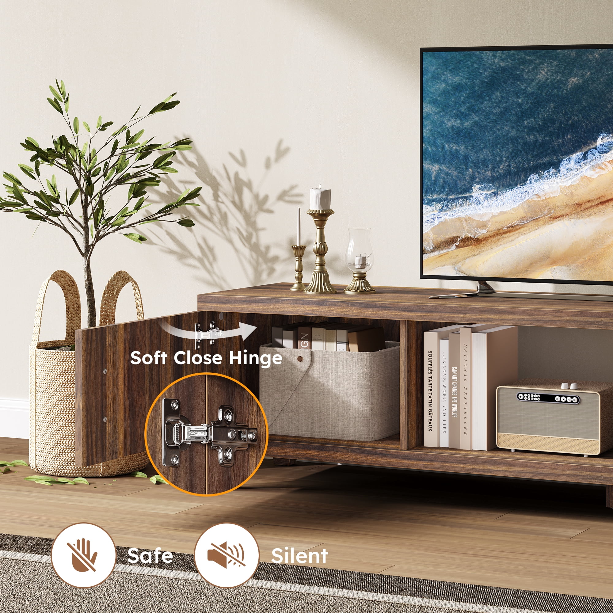 Vebreda 70 Inch Modern TV Stand for 65"/75" TVs, Mid-Century Entertainment Center with Storage, Walnut