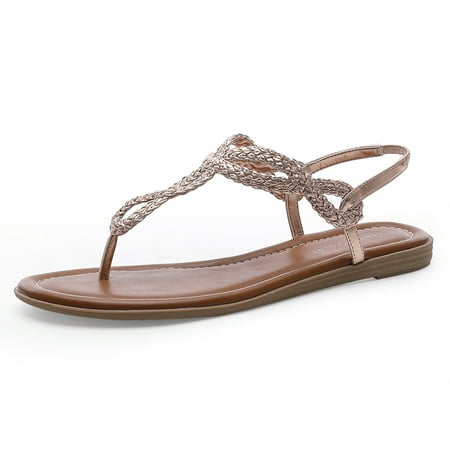 

CentroPoint Women s Braided T-strap Thong Slip On Flat Sandals With Elastic Brand Roman Gladiator Fashion Flip Flop Shoes Rose Gold PU Size 6