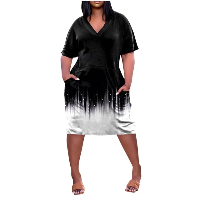 Plus Size Dresses Fashionable Printed V Neck Comfortable Short Sleeved Knee Length with Pockets Spring Dress Black XL
