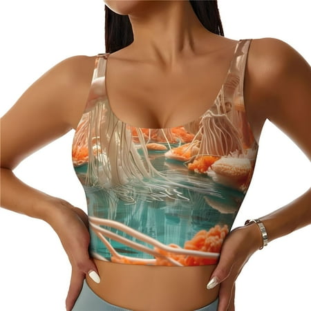 Qokaie Fantasy Underwater Jellyfish Pattern Womens Scoop Neck Sports Bra Breathable Workout Vest Padded U Back Medium Impact Fitness Gym Yoga Bra Workout Crop Top-Medium
